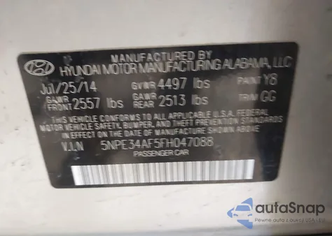 2015 Hyundai Sonata Sport z USA, uszkodzony, nr VIN 5NPE34AF5FH047088